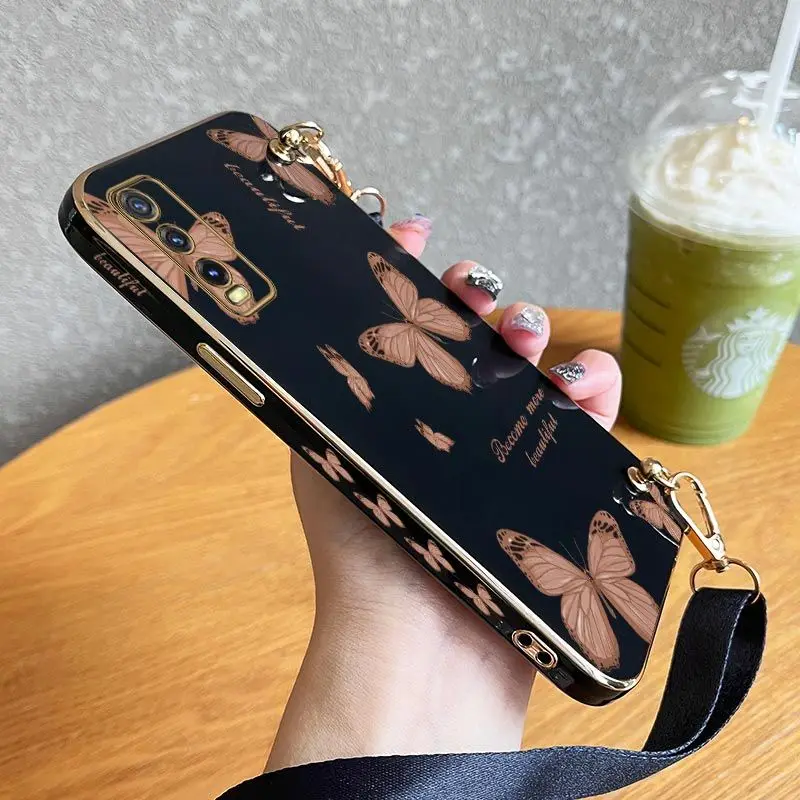 

Flower Butterfly Lanyard Plating Phone Case For VIVO Y20 Y20i Y20S Y22 Y35 Y30 Y33T Y76 Y12S Y15 Y21 V23 V23E V21 Cover