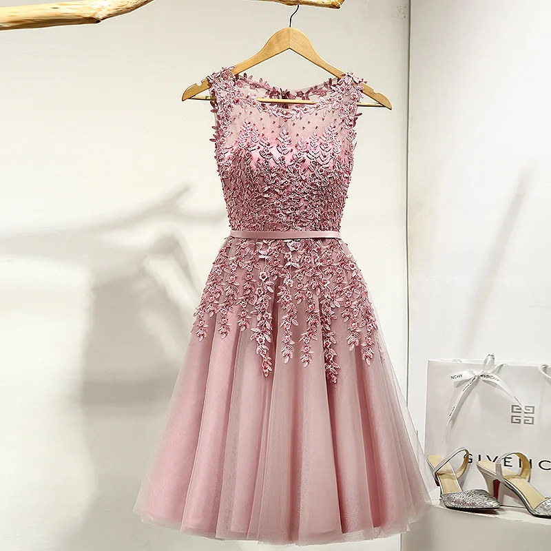 

VOLALO 2024 Hot Sell Elegant Knee Length Women Girls Dresses Appliques Beads Formal Party Dresses Pink Red Light Blue