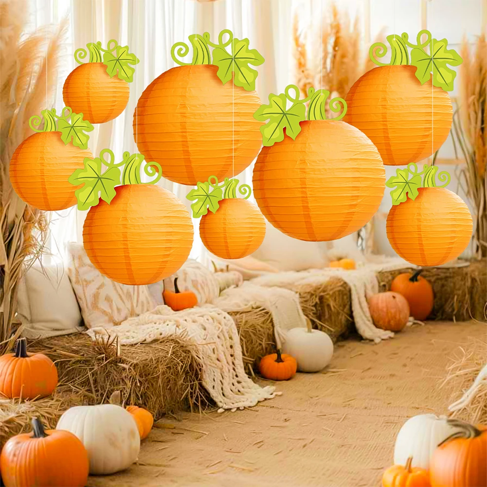 1Pc Halloween Pumpkin Lantern Hanging Orange Pumpkin Paper Round Lantern for Harvest Fall Halloween Indoor Outdoor Decor