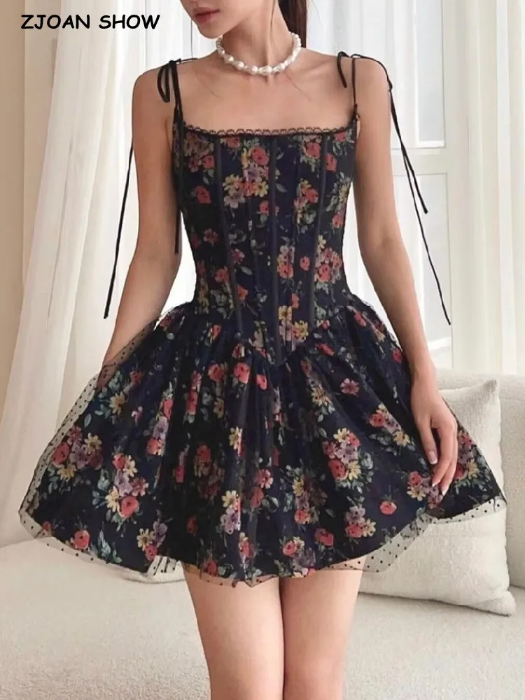 

2023 Sexy Women Black Flower Print Spliced Mesh Bra Corset style Mini Dress Slim Waist Party Skater Bow Lacing up Sling Robe