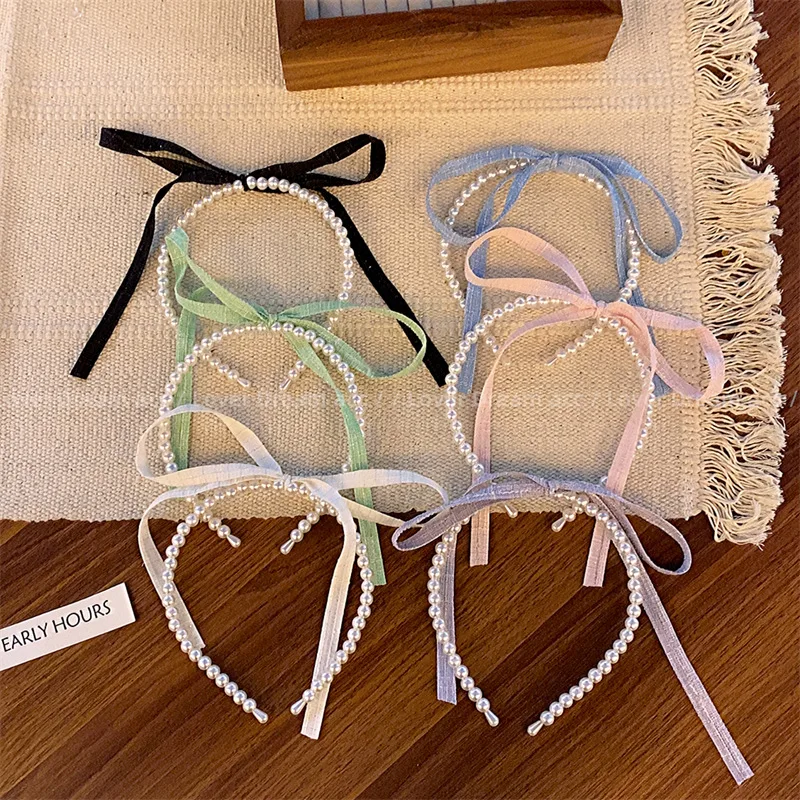 

Korean Sweet Colorful Bow Tassel Pearl Headband Women Girl Balletcore Hairband Simple Hair Hoop Headwear Hair Accessories