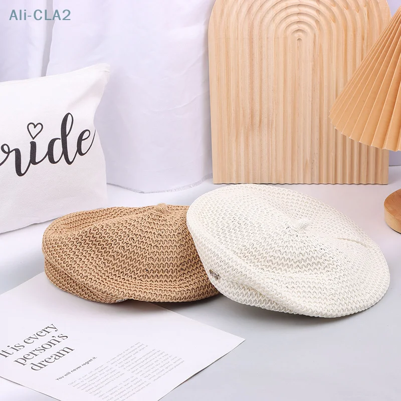 Women Fixed Pleated Paper Straw Beret Summer Milk Silk Knit Breathable Big Artist Fashion Painter Hat