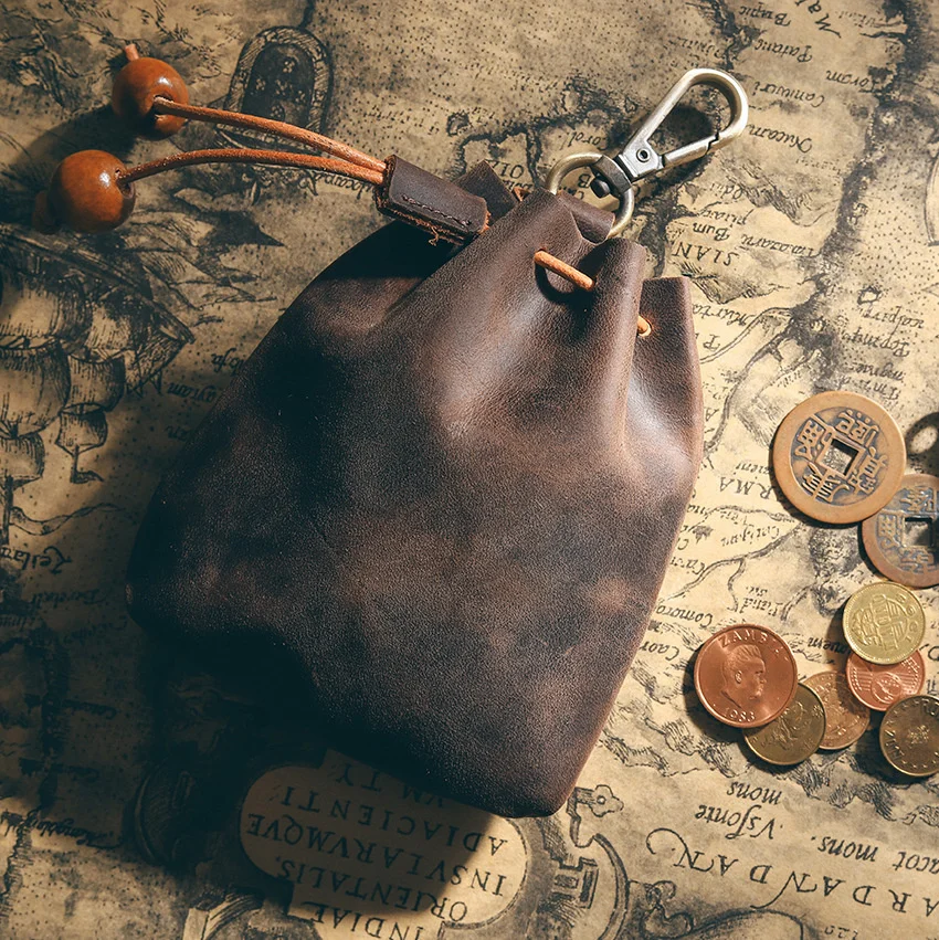 Genuine Leather Unisex Coin Purse Portable Money Pocket With Metal Hook Retro Drawstring Wallet Storage Bag Wholesale