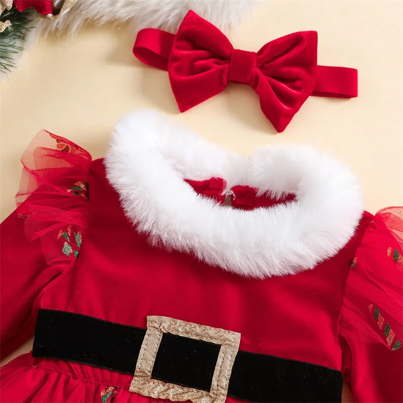 3M-3Y Baby Girls 2Piece Christmas Outfits Ruffled Long Sleeve Plush Round Neckline Tulle Dress + Bow Headband Set Infant Clothes girls dress baby girl dress