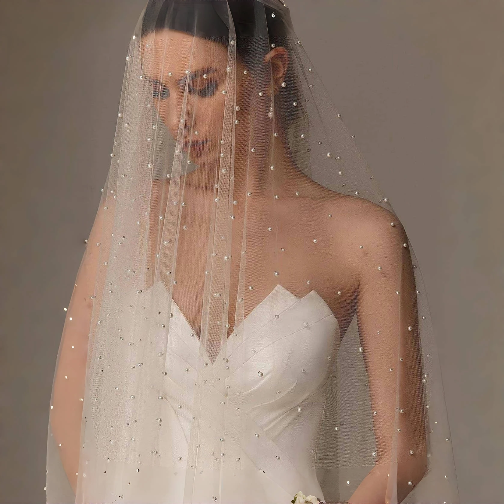 Bridal veil Classic bridal wedding veil 2T long bridal veil with comb Muslim white off-white pearl with covering blusher V02