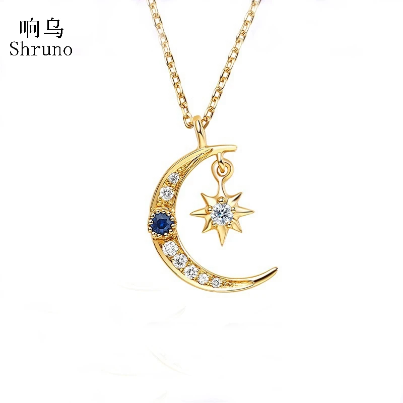 

Shruno Solid 18k Yellow Gold Moon Stars Natural Diamond Sapphires Necklace Pendant Pendant Women's Chain Luxurious
