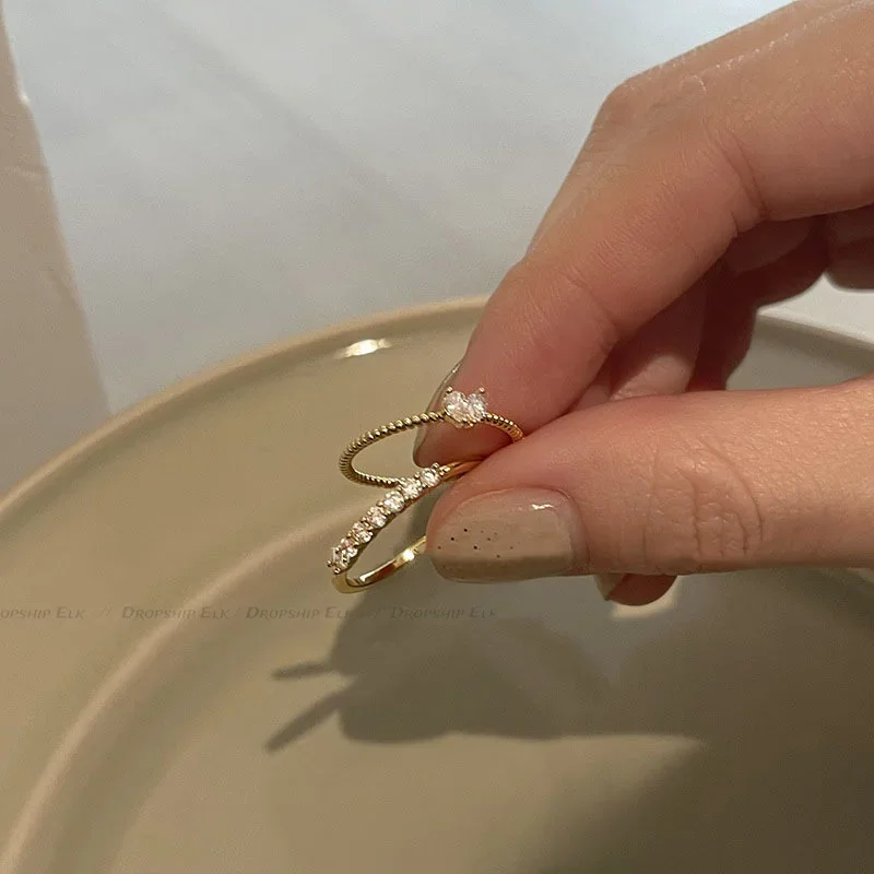 Gold Color Heart Zircon Rings Set for Women Girls Adjustable Minimalism Luxury Twist Ring Wedding Gifts 2pcs/set