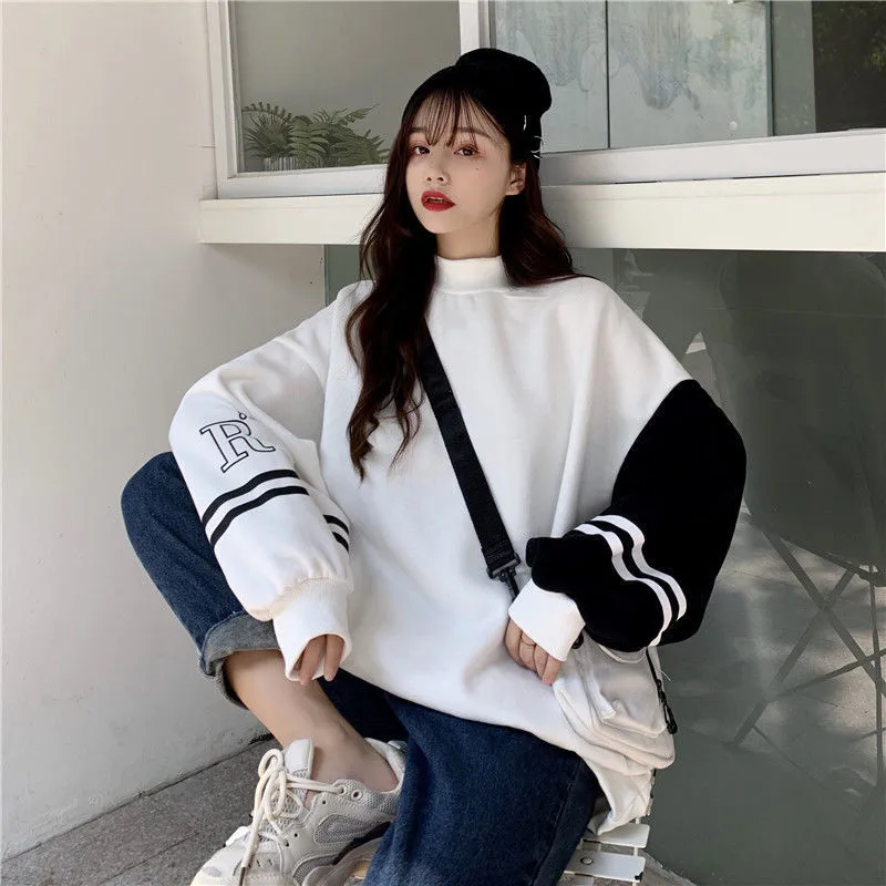 

Spring Long Sleeve Girls Streetwear Pullovers Harajuku Japan Korean Loose Tops Female Fashion Casual Sweatshirt Patchwork Jumper