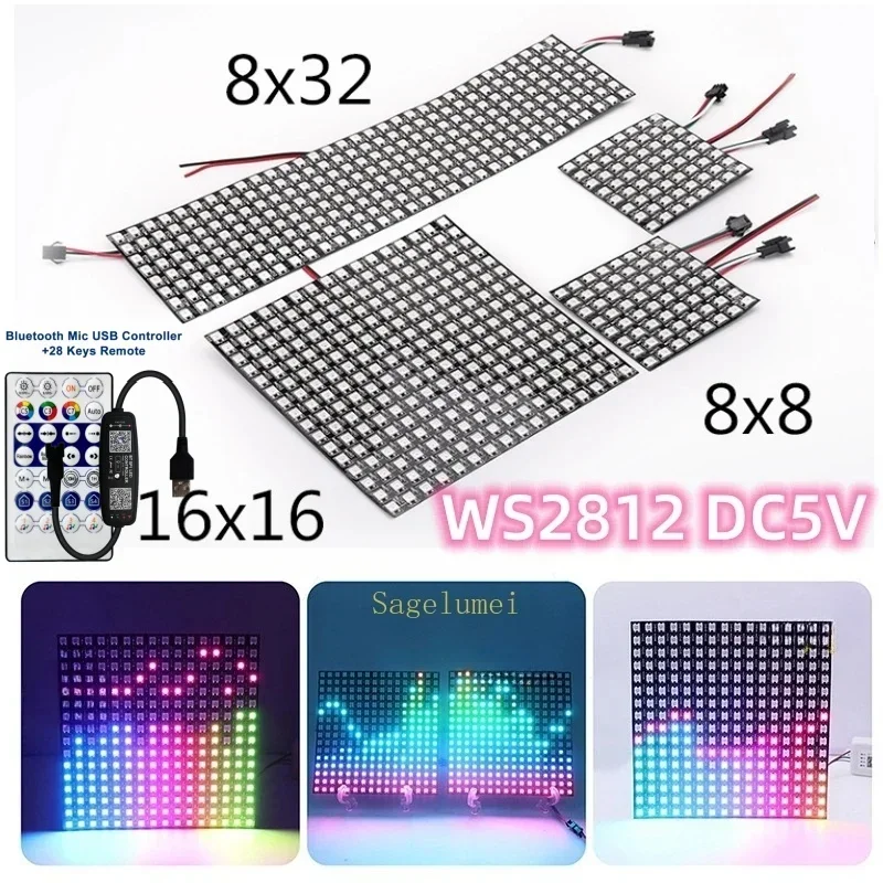 LED 모듈 조명 키트, 개별 주소 지정 가능 LED 디지털 유연한 스크린, 블루투스 컨트롤러, WS2812, 8*8, 16*16, 8*32, 28 키