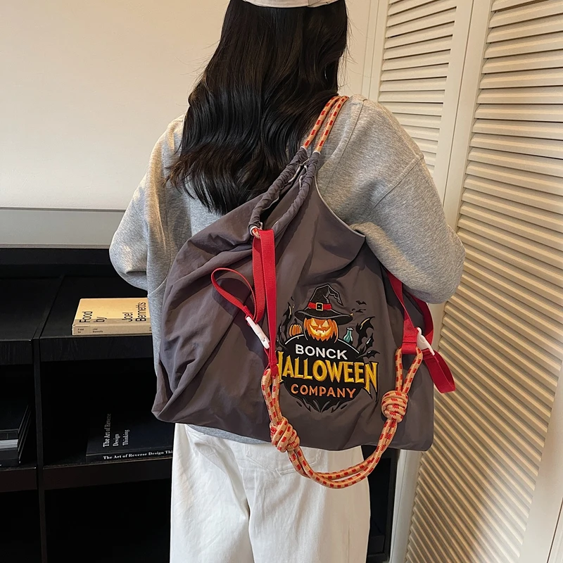 Halloween Women Embroidery Nylon Shopping Bag Large Capacity Shoulder Bag Crossbody Bag for Travel Shopping Daily Use