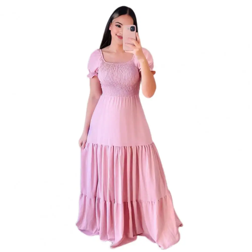 

Dress Square Neck Elastic Bust Pleated A-line Loose Patchwork Hem Pleated Floor Length Off Shoulder Evening Dress vestidos