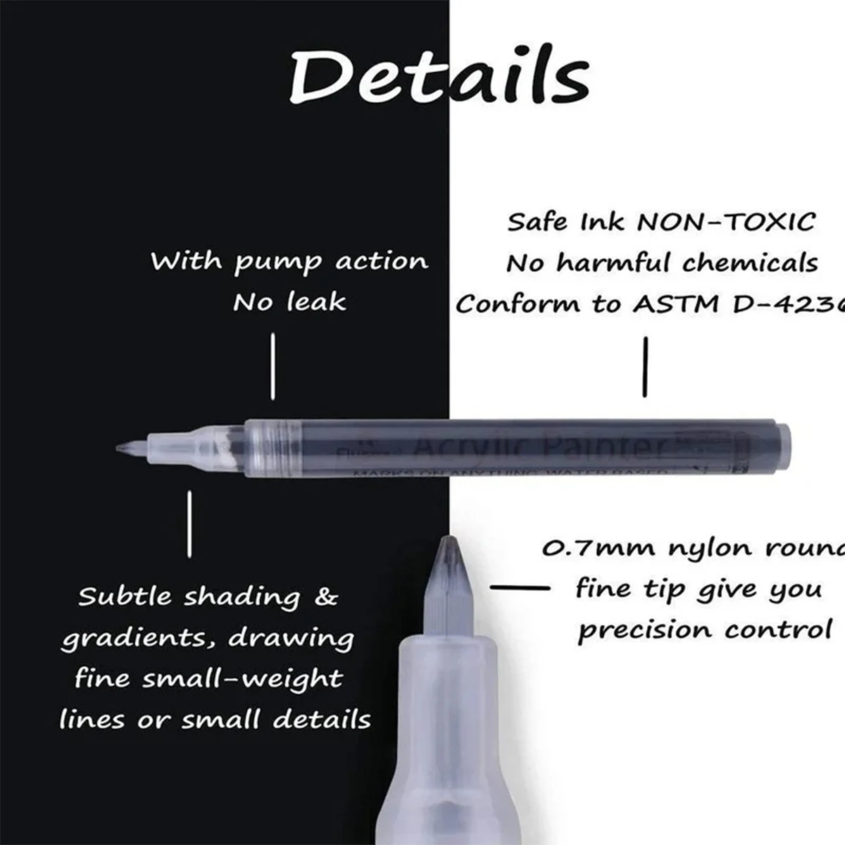 Acrylic Paint Markers 6 PCS 3 Black 3 White for Coloring Painting Graffiti on Most Surfaces Students Art Supplies