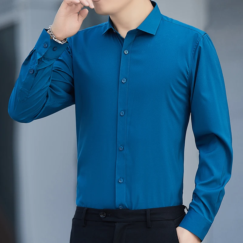 Men's long-sleeved micro-elastic shirt spring slim-fit business career formal dress Korean version of the trend white shirt on