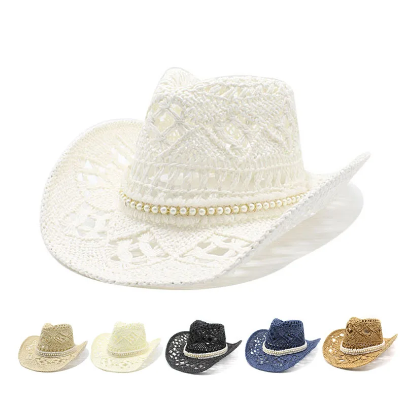 

Summer Western Cowboy Hat Women's Sunblock Hat Fashion Pearl Elegant Jazz Gentleman Straw Hat Large Brim Beach Beach Sun Hat