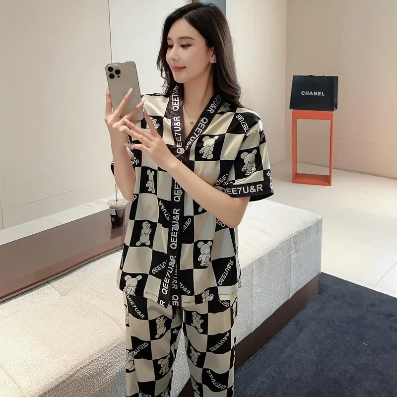 2 قطعة/مجموعة السيدات منامة السيدات المرأة الحرير الجليد قصيرة الأكمام السراويل الطويلة مجموعة كبيرة الدب منامة الفتيات صالة الملابس