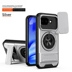 Magnetic Shockproof Phone Case with Slide Camera Protection and Kickstand for Google Pixel 9Pro XL (Silver)