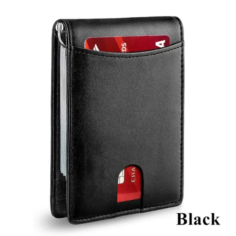 Men's Simple Slim Wallet With Money Clip RFID Blocking Front Pocket Leather Anti-theft Brush Dollar Clip Card Sleeve Plus Hole
