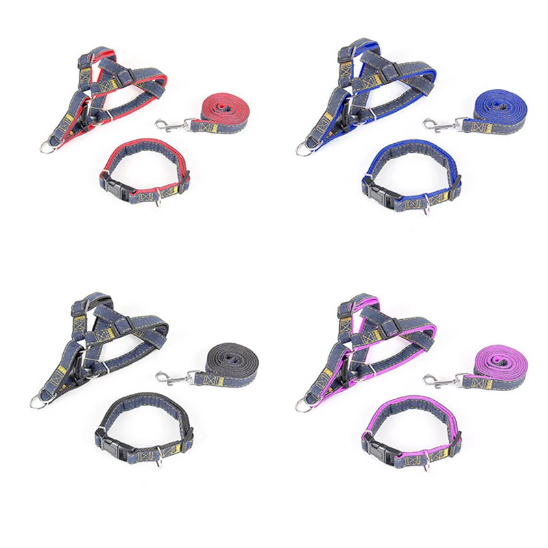 Durable Denim Dog Harness And Leash Vest Set For Pet Walking_voghion.com