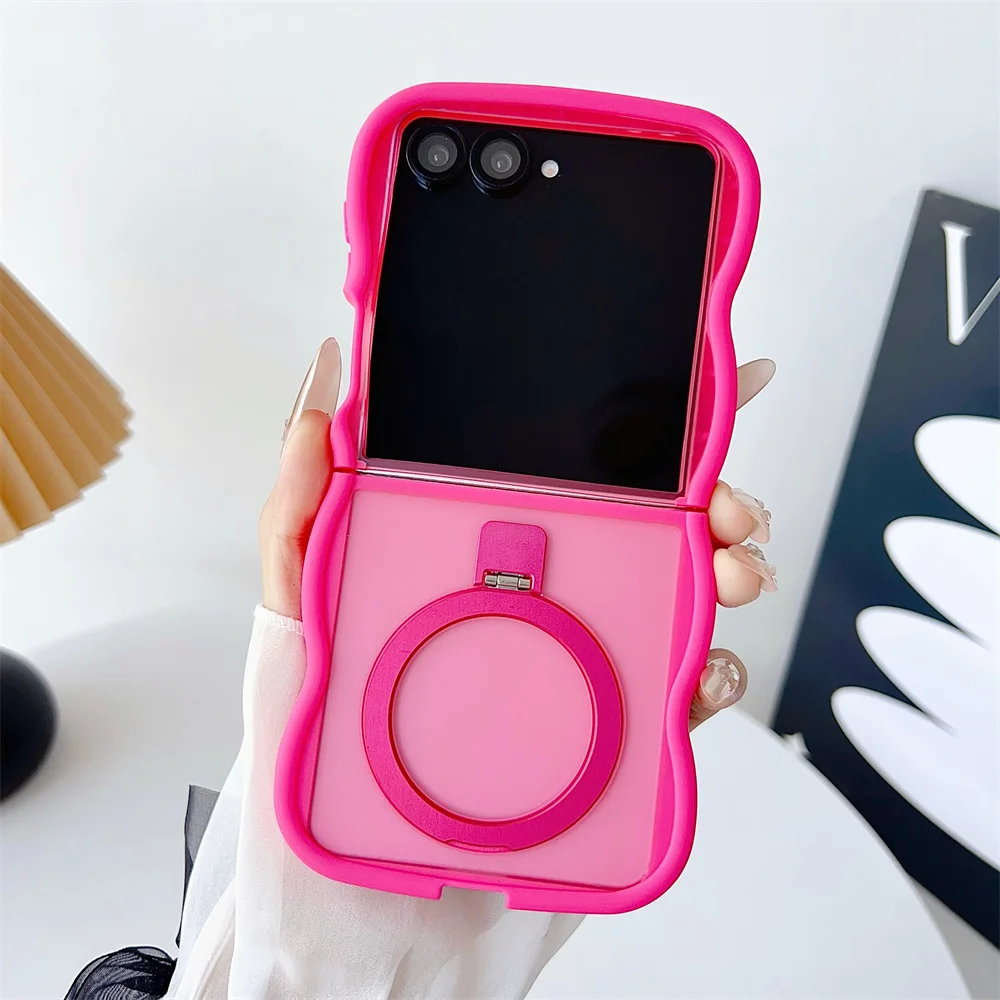Luxury Wave Frame Magnetic Folding Stand Phone Case - Solid Color Matte Translucent Protective Cover