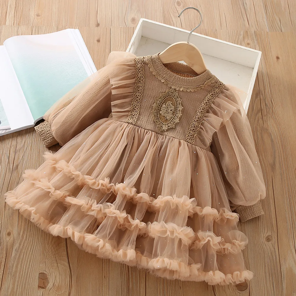 

Платье для девочек с круглым вырезом и длинным рукавом, Новинка осени 2023, модное однотонное кружевное милое платье принцессы, Детская сетчатая юбка