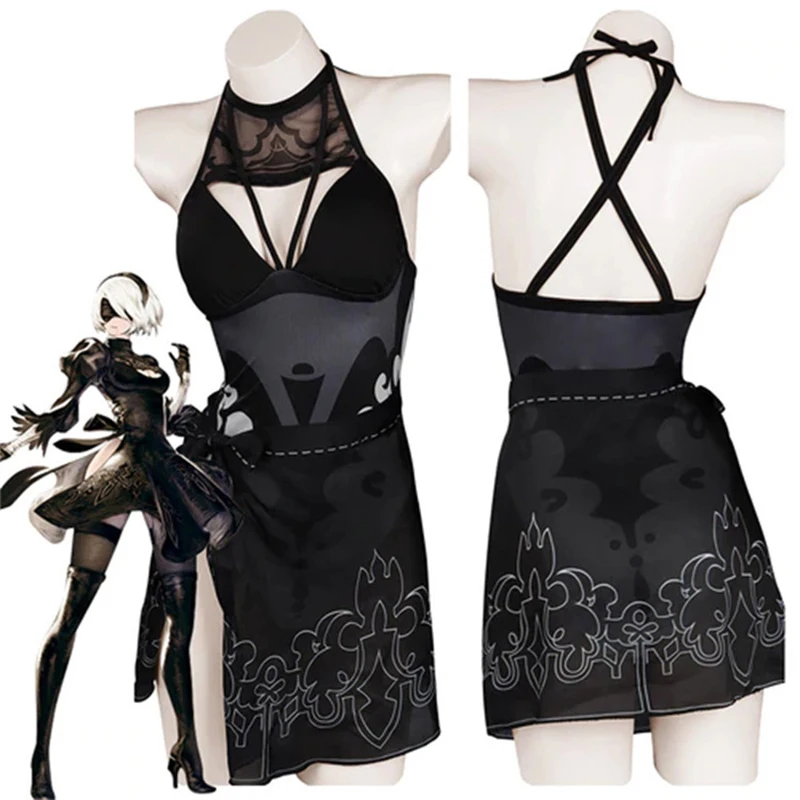 

Anime Game Nier Automata Yorha 2B Cosplay Costume Sexy Hollow Two Piece Bikini Swimsuit Halter Neck Swimwear Bathing Suit Set