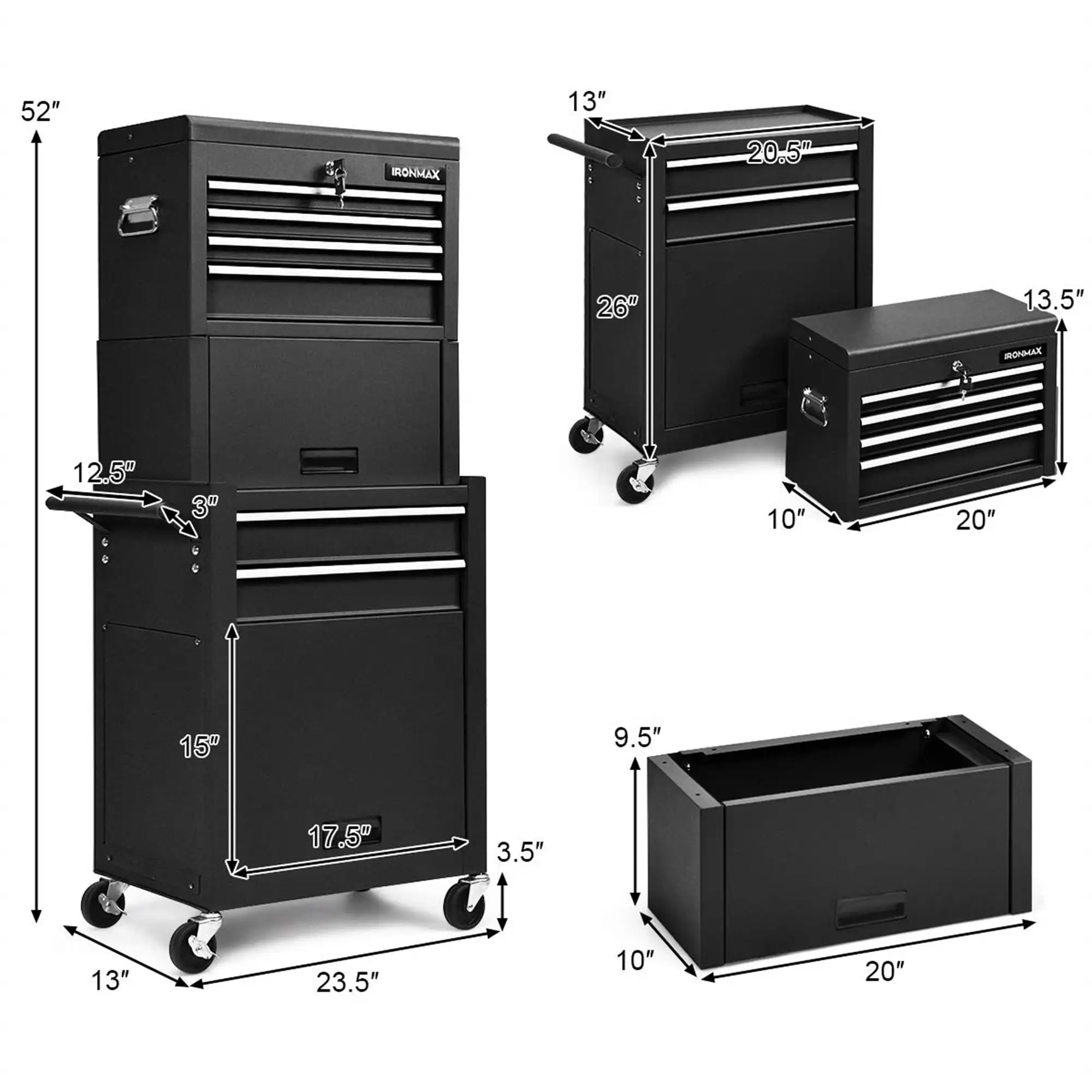 Rolling Tool Box, 3 in 1 Steel Tool Chest with 6-Drawer & 2 Cabinet for Workshop Garage Black Upgraded Large Capacity 5