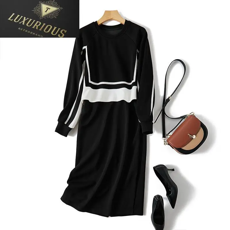 

Женское платье из двух частей, элегантное черное платье контрастных цветов с круглым вырезом и длинным рукавом, модель 4XL в европейском стиле на осень и зиму, 2024