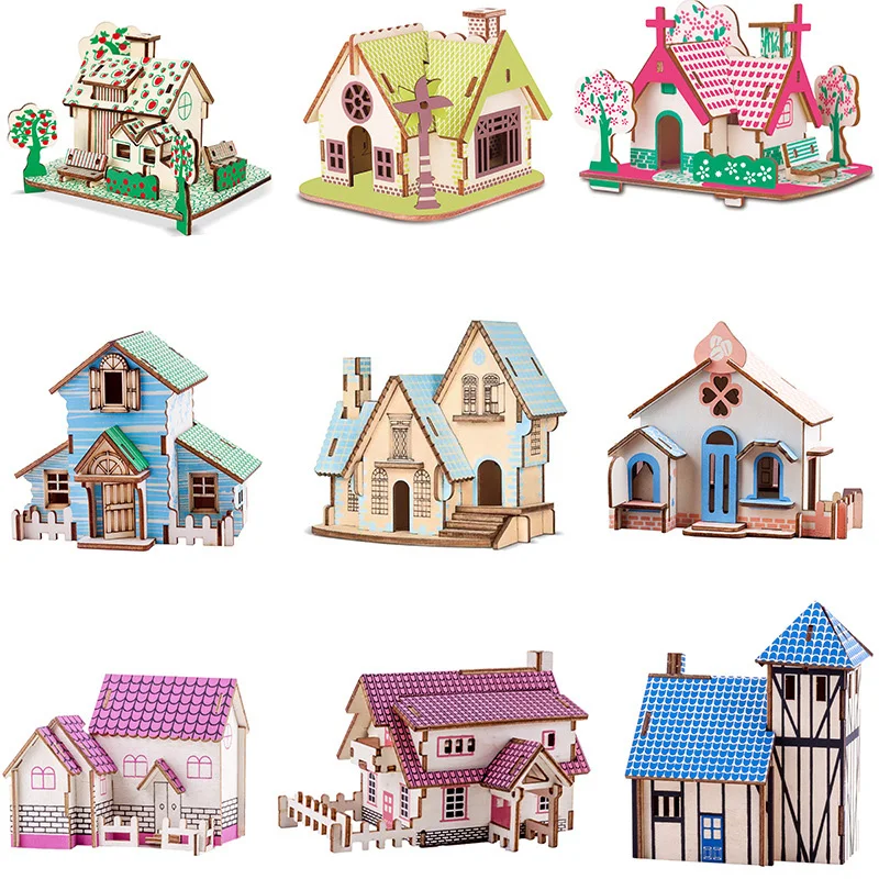3D Wooden Puzzle Jigsaw House Villa Architectural Models DIY Assembled ...