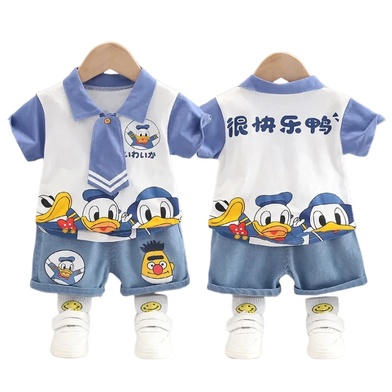 

2 шт./комплект, детский джинсовый комплект из футболки и шортов