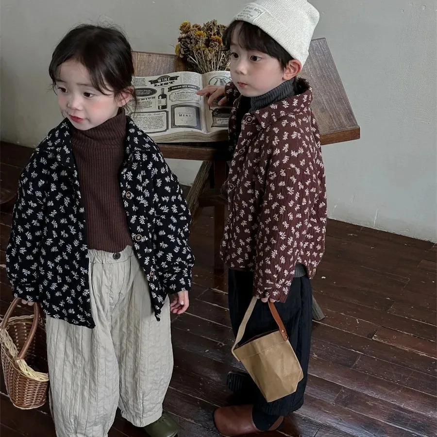 JiaYe Children's Products New Winter Fleece-Lined Cotton Linen Shirt For Boys And Girls Thickened Top Jacket