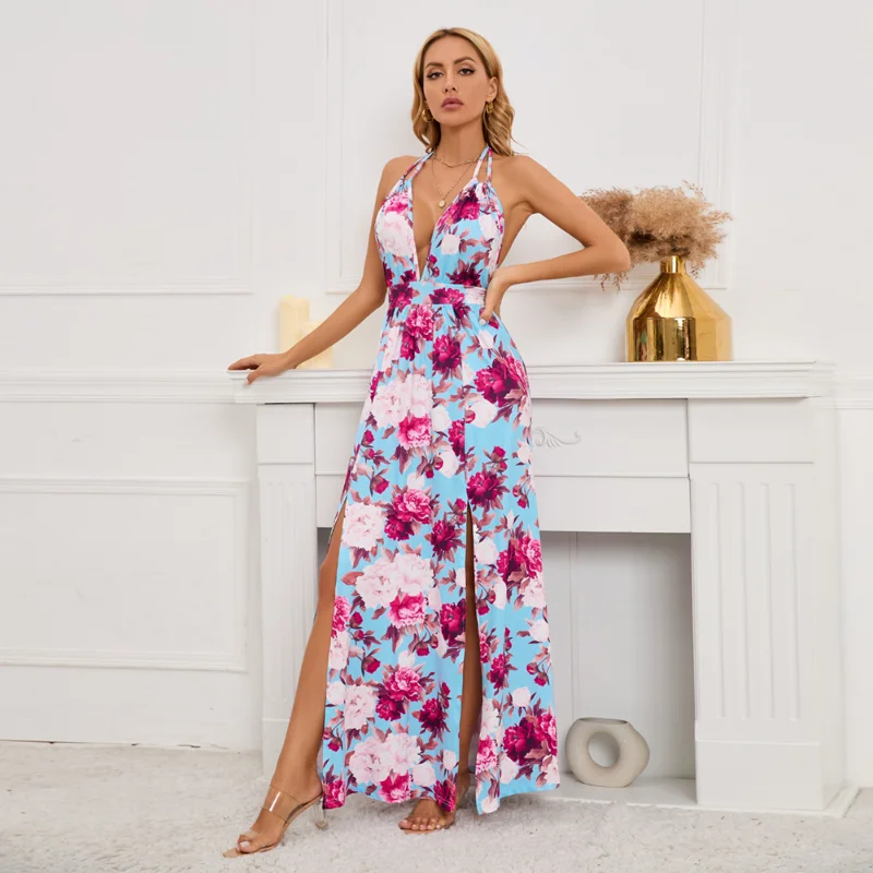 

2023 New Summer Fashion European and American Sexy V-neck Printed Oversize Bohemian Vacation Beach Party Long Dresses for Women