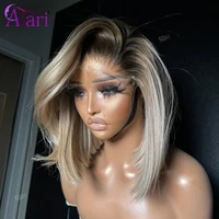 Perruque Bob courte Blonde cendrée avec racines brunes, cheveux naturels lisses, Transparent, 13x4, pre-plucked, pour femmes 2