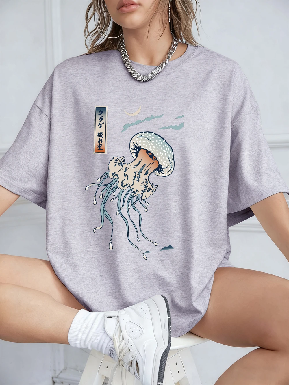 Harajuku Jellyfish Print Women's Cotton Tee - Soft, Loose-Fit Summer Top