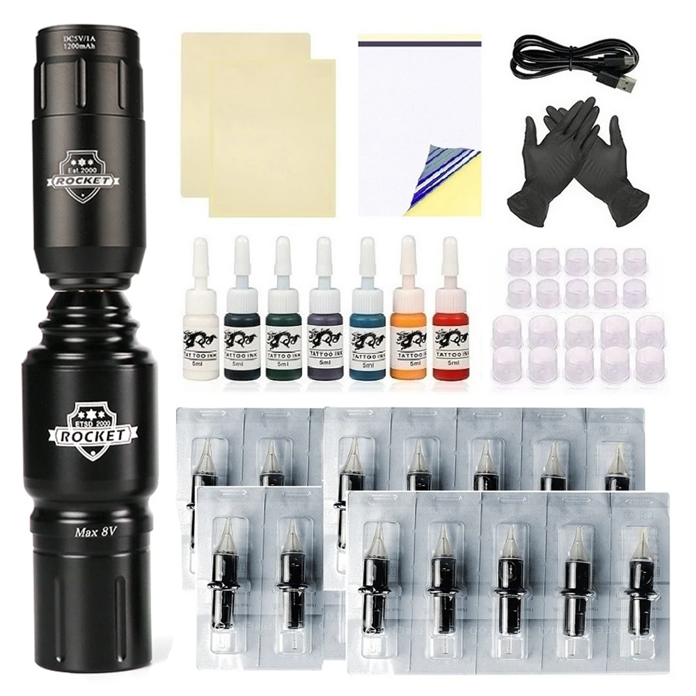 Wireless Tattoo Kit Complete Rocket Machine Rotary Tattoo Pen Set With Portable Power Supply Cartridge Needles Inks Accessories