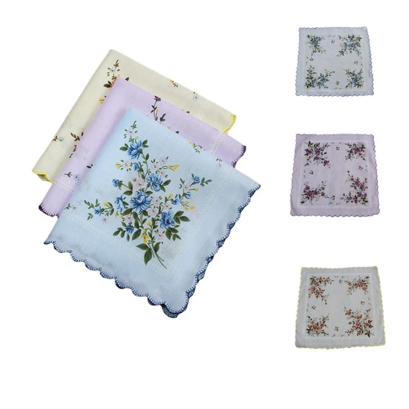 

3pcs Ladies Cotton Hankies Hankerchief Vintage Assorted Flower Square Pocket