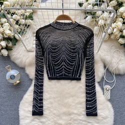 Women Mesh Rhine Stone Long Sleeve T Shirt Female Tops Solid Color Sheer Sexy Hot Girl Party Crop Top Ladies Diamond Tees