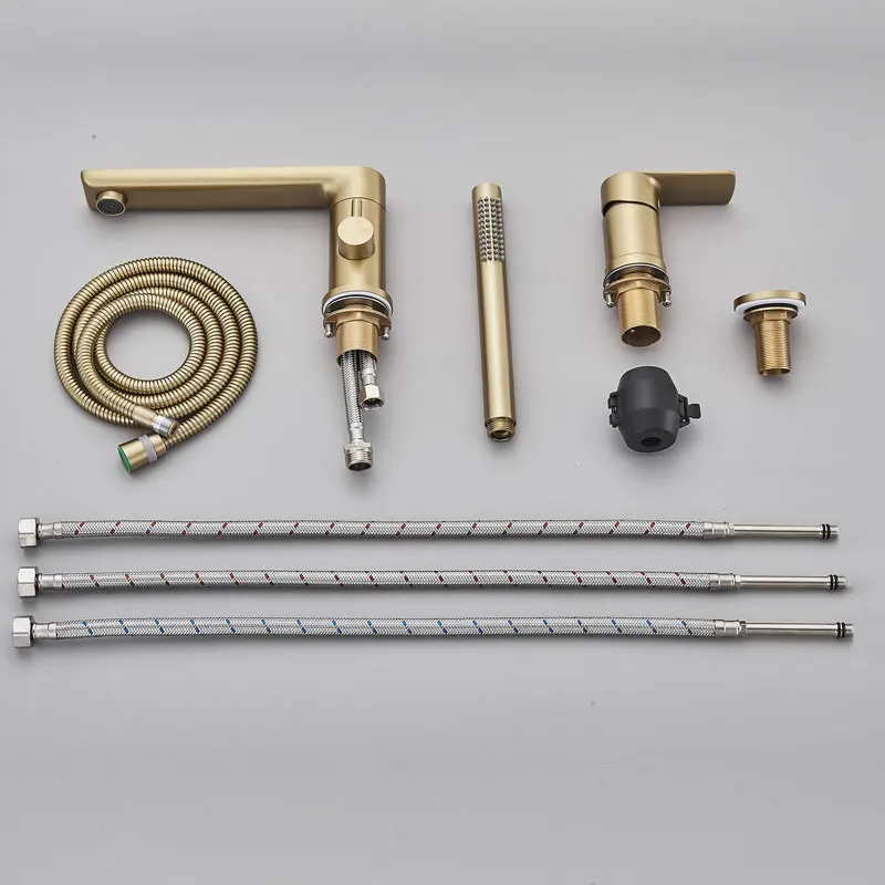 Description Picture 6 of itemBrushed Gold Bathroom Bathtub Faucet Copper Hot Cold Mixer Crane Tap Deck Mount Pull Out Chrome Brass Handheld