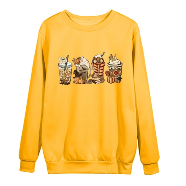 Women's Round Neck Fleece Sweatshirt With Christmas Pattern Coffee Print Sweater Crew Neck Pullover