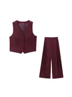 Women's Front Button Fitted Waistcoat and High Waist Pleated Wide Leg Pants, Female Two Piece Sets, Fashion