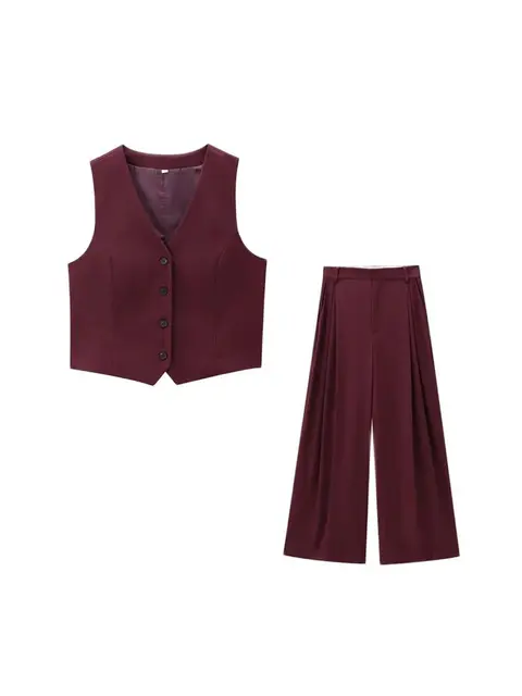 Women's Front Button Fitted Waistcoat and High Waist Pleated Wide Leg Pants, Female Two Piece Sets, Fashion
