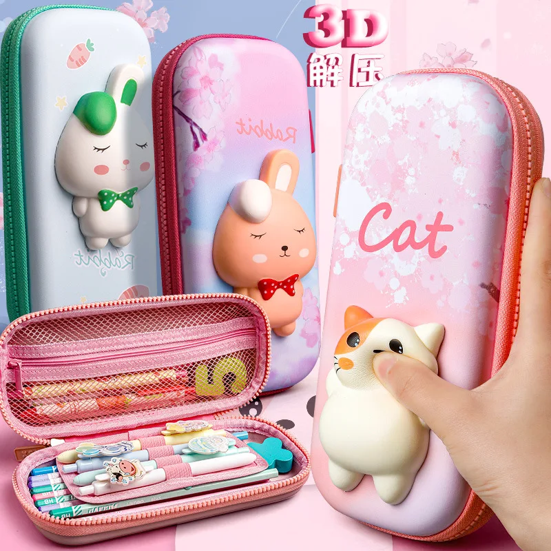 Estuche de lápices 3D Adorable, organizador papelería, suministros para niñas, rosa, bolsa de borrador Kawaii, Gato blando| Estuches - AliExpress