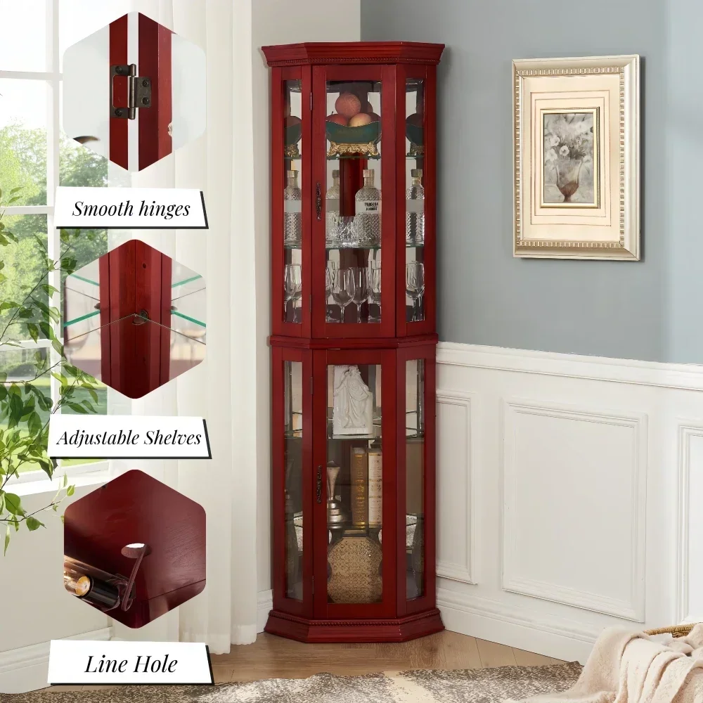 Corner Curio Cabinet Lighted Corner Display, Glass Display Shelf Shelving Bar cabinet with Tempered Glass Door, Bar Cabinet