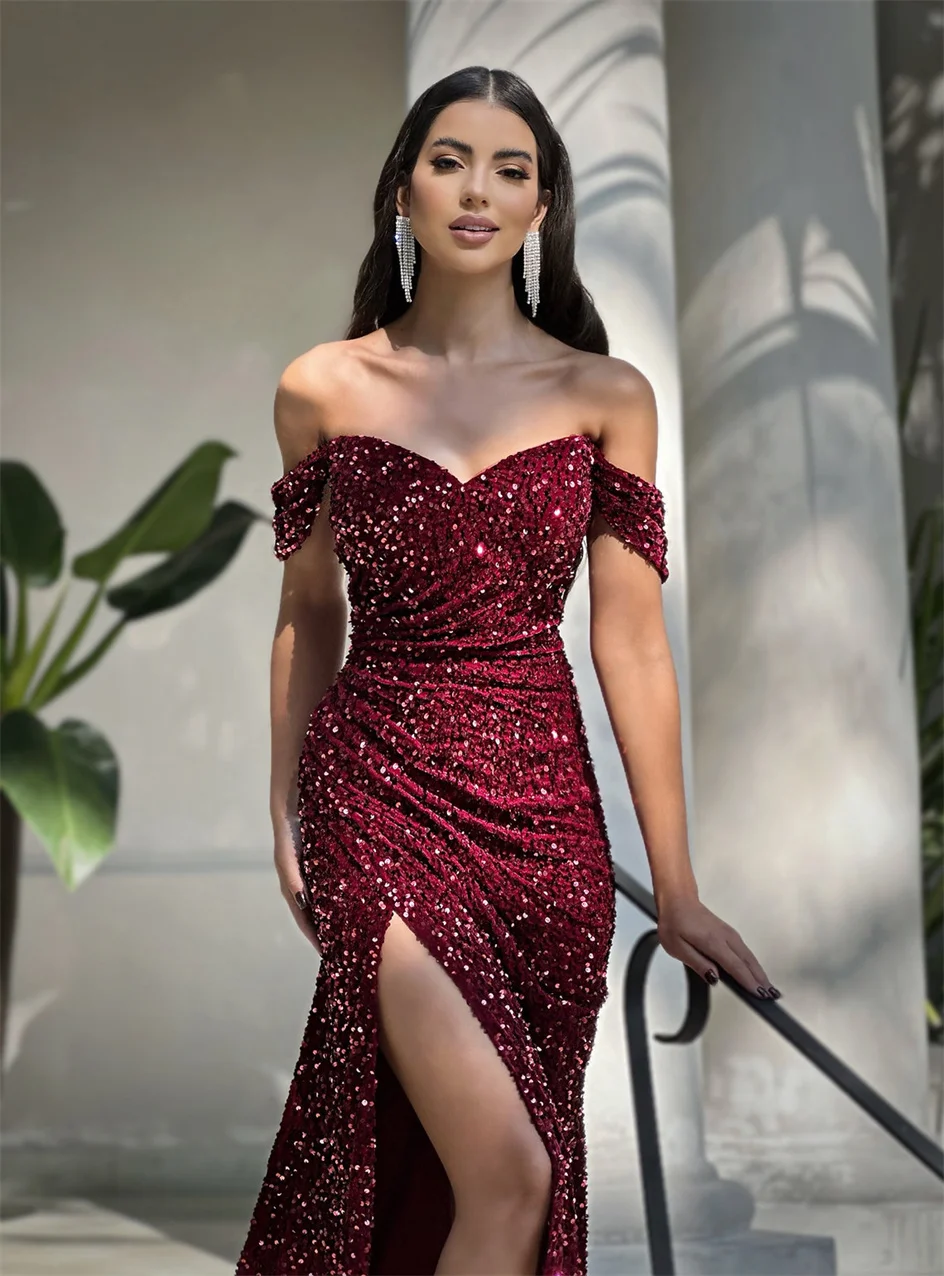 

Sparkly Velvet Sequin Lace Up Prom Dress Formal Floor Length Evening Gowns Off the Shoulder Wedding Guest Outdoor Party Dresses