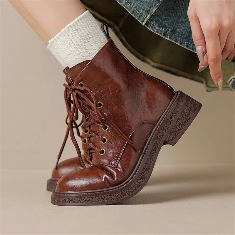 

2023 Autumn Winter Split Leather Women Boots Round Toe Lace Up Short Boots for Women Chunky Heels Boots Zapatos Mujer Work Boots