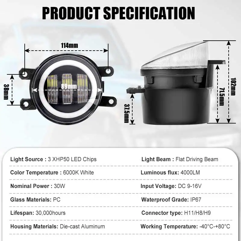 DRL LED Fog Light with White Amber Angel Eyes Lens and Projector