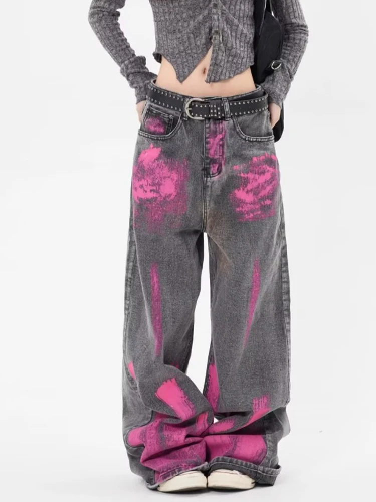 

Takajie Graffiti Design Jeans Loose Small Feet Wide -leg Pants Street Clothing Thrajuku Trend Pants Y2k Ladies Clothing