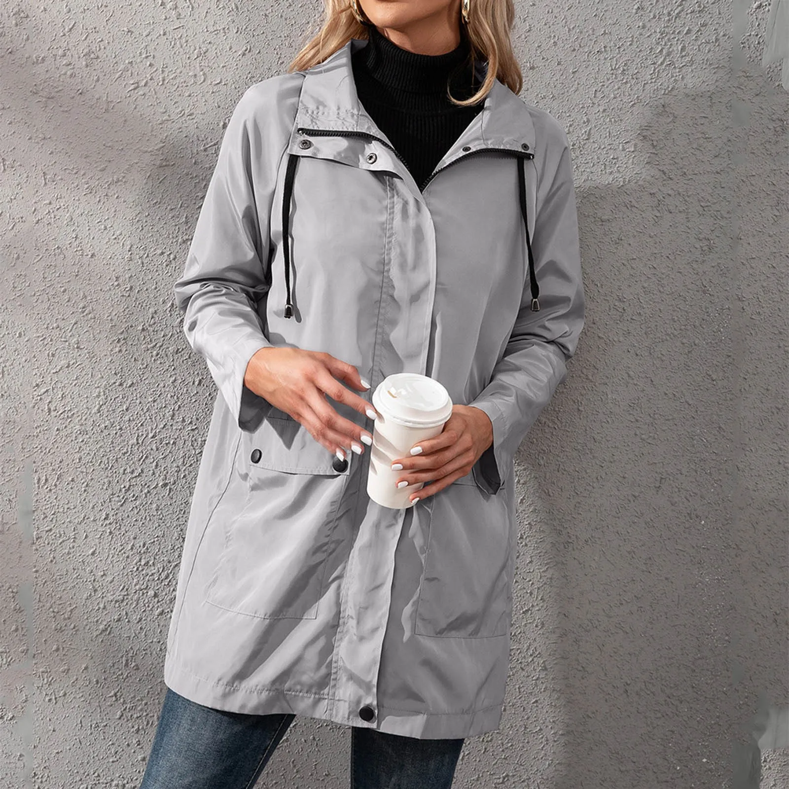 Fashion Women Hooded Trench Coat Casual Lady Waterproof Windproof Long Jacket Buttons Zipper Coats Female Long Sleeve Outerwear