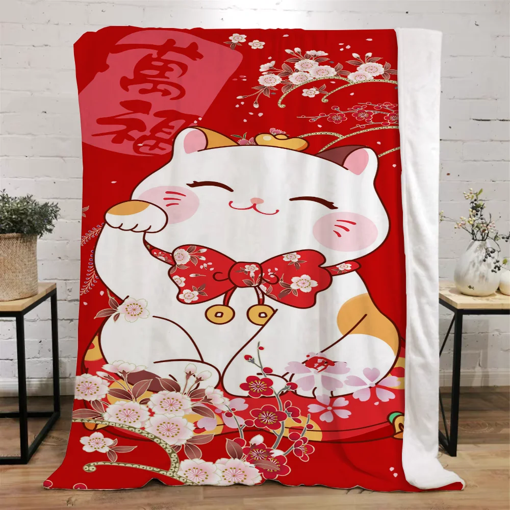 Lucky Cat Fleece Blanket King Size Thermal Blankets for Bed Throw Microfiber Bedding Home Interior Fluffy Plaid Beach Towel Knee 2