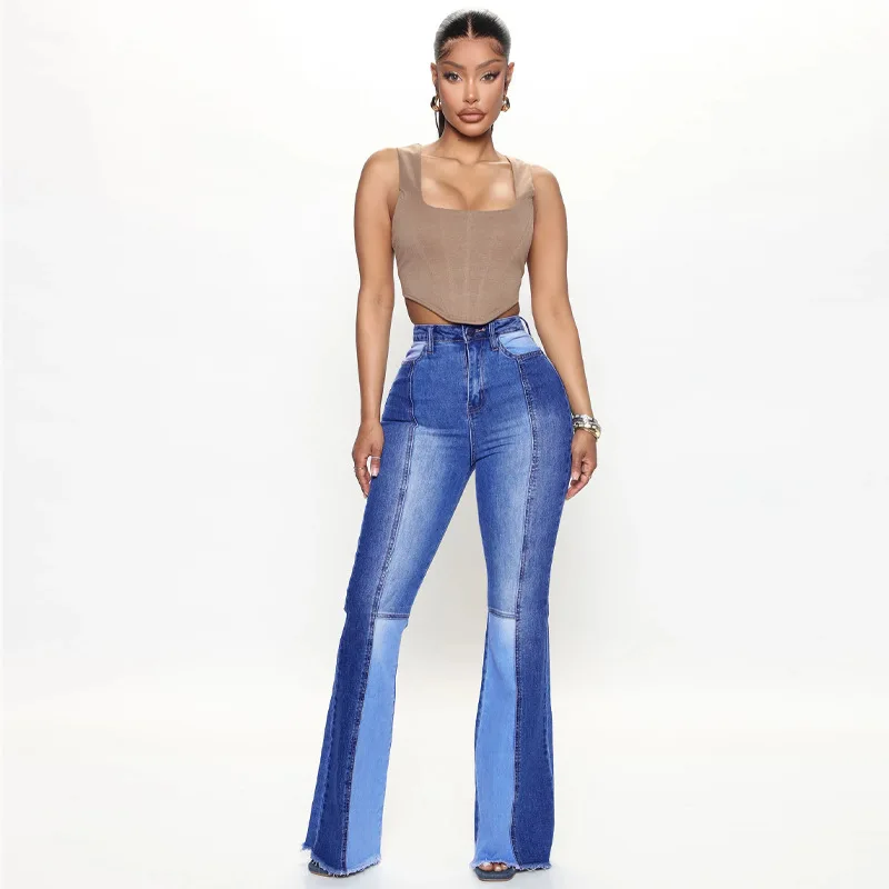 

Fashion Fall Women's Jeans Cargo Pants Streetwear Color Patchwork Straight High Waist Buttons Fly Denim Stretch Flare Trousers