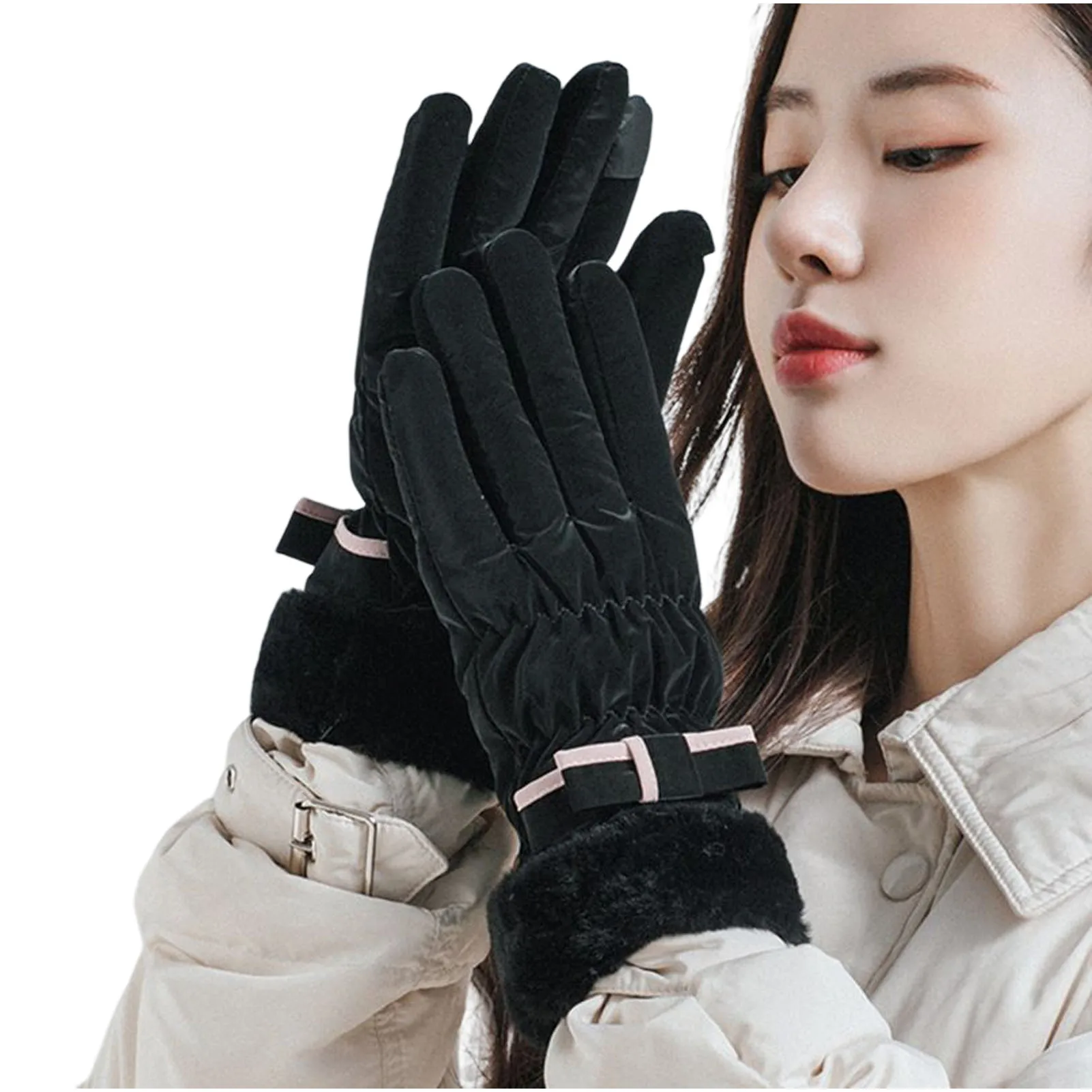 

2/3 Woman Riding Windproofed Gloves Thick Soft Fleece Cuff Anti-slip Water Resistant Design for Cold Weather Outdoor Skiing